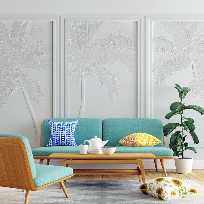 Mural Wallpaper palm tree imitation painting | Trio of relief palm trees on a white background