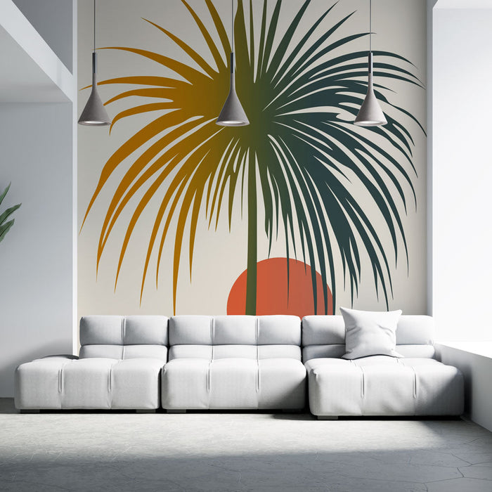 Tapete moderne Palme | Palmensilhouette mit stilisierter Sonne