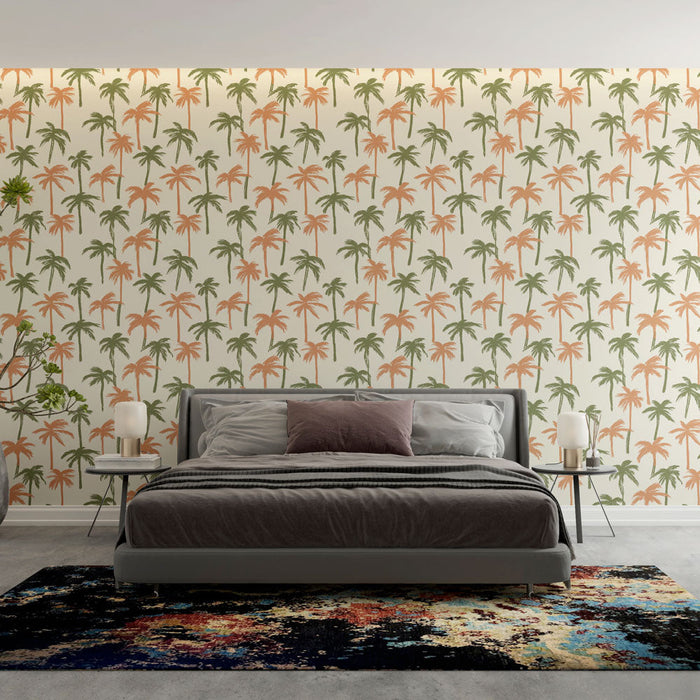 Tapetti palmupuu | leikkisä motiivi värikkäistä palmupuista kermavärillisellä taustalla