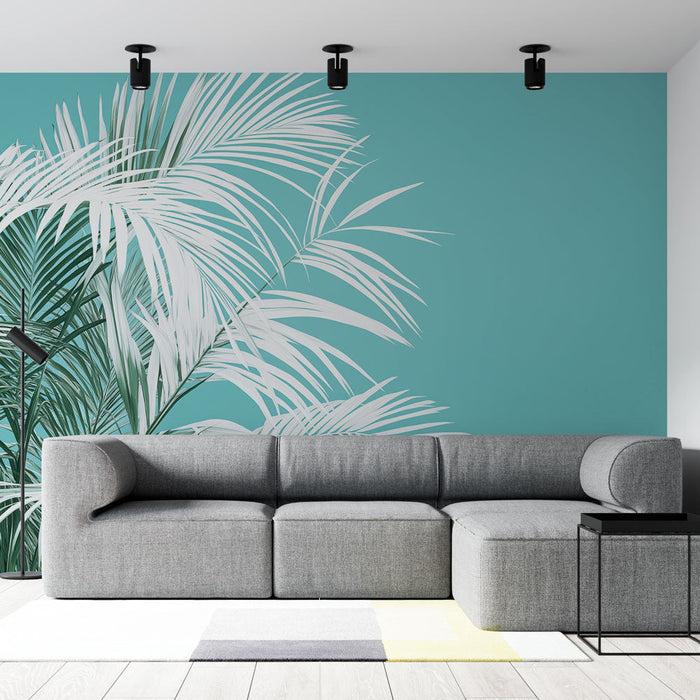 Carta da parati palme bianche | Fogliame contemporaneo su sfondo turchese