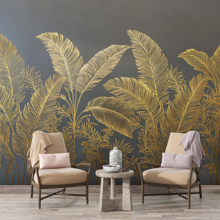 Tapete με χρυσές φοίνικες | Κομψό μοτίβο χρυσών φύλλων σε γκρι φόντο