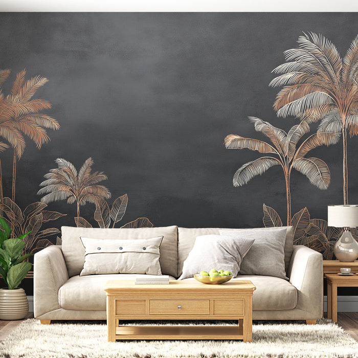 Fototapet gyldne palmetræer | Elegante palmetræer på en sort baggrund