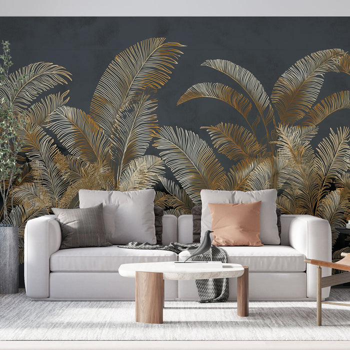 Fototapet gyldne palmer | Luksuriøs løvverk på en mørk bakgrunn