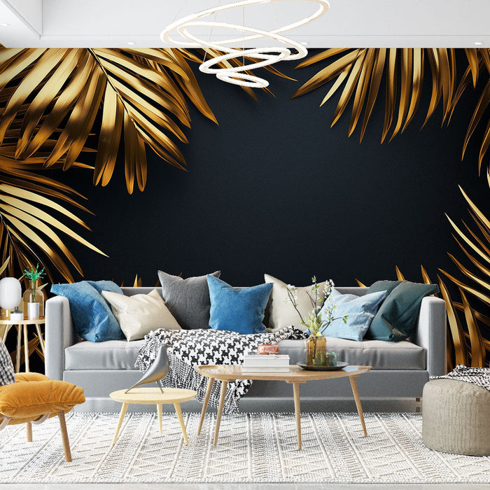 Golden palm mural wallpaper | Golden leaves on black background