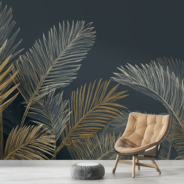 Fototapet gyllene palmer | Eleganta blad på en mörk bakgrund