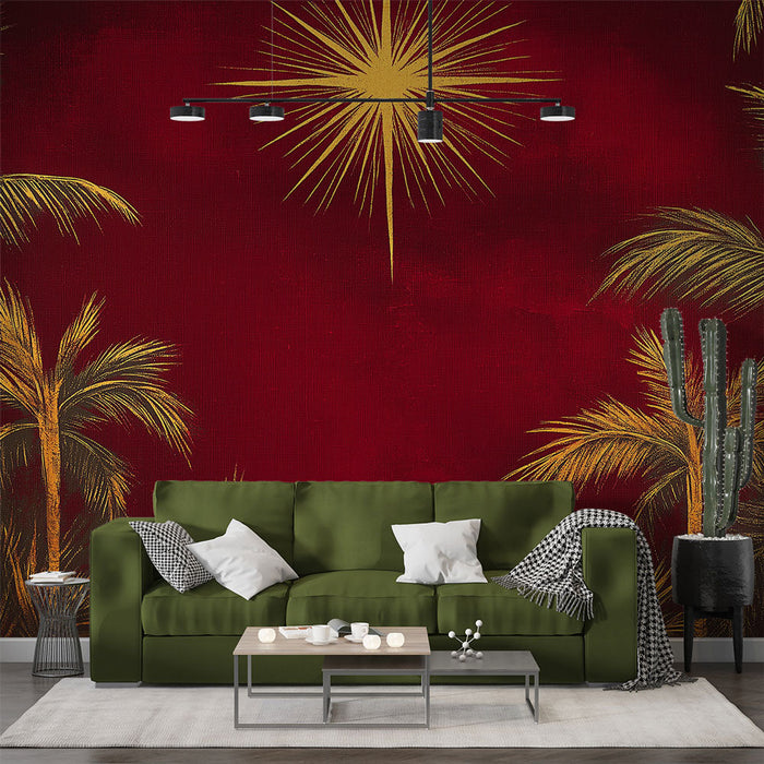 Mural Wallpaper golden palms | Tropical pattern on bright red background