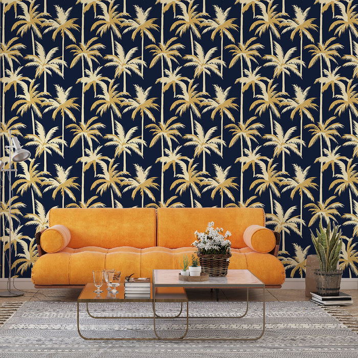 Fototapet gylne palmer | Et tropisk mønster på en marineblå bakgrunn