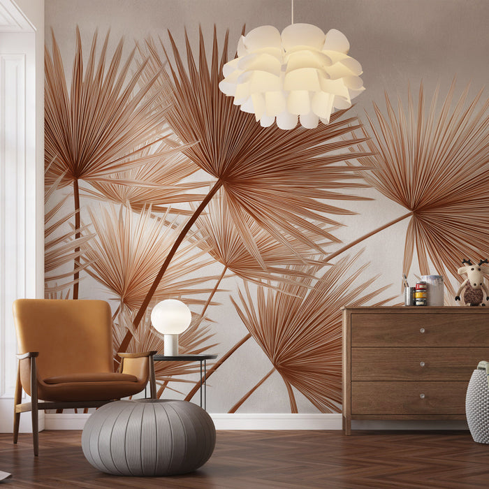 Tapeta z palmami | Eleganckie liście palmowe w odcieniach miedzi na delikatnym tle