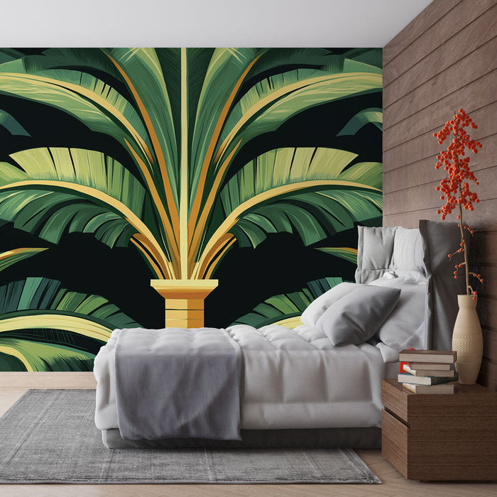 Foto Behang palmbomen | Elegante patronen van weelderige groene palmbomen op een donkere achtergrond