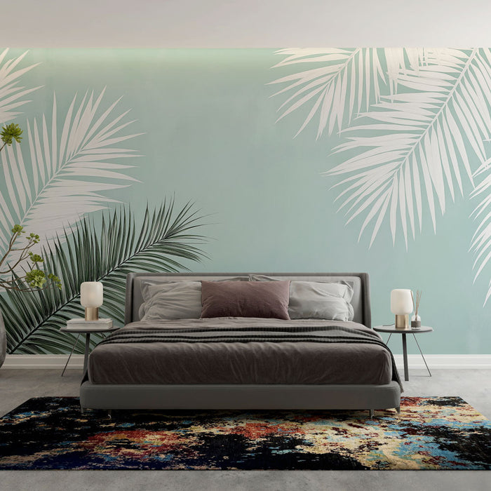 Foto Behang palmbomen | Exotische boombladeren op turquoise achtergrond