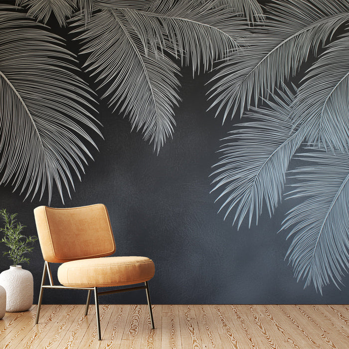 Fototapet palmer | Hvide palmeløv på sort baggrund