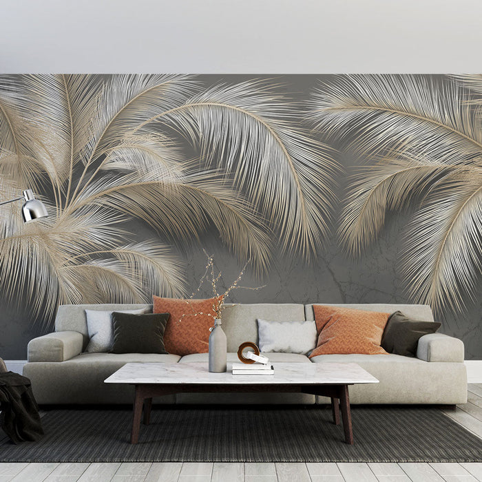 Fototapet palm træer | Gyldne palmeløv på en elegant grå baggrund