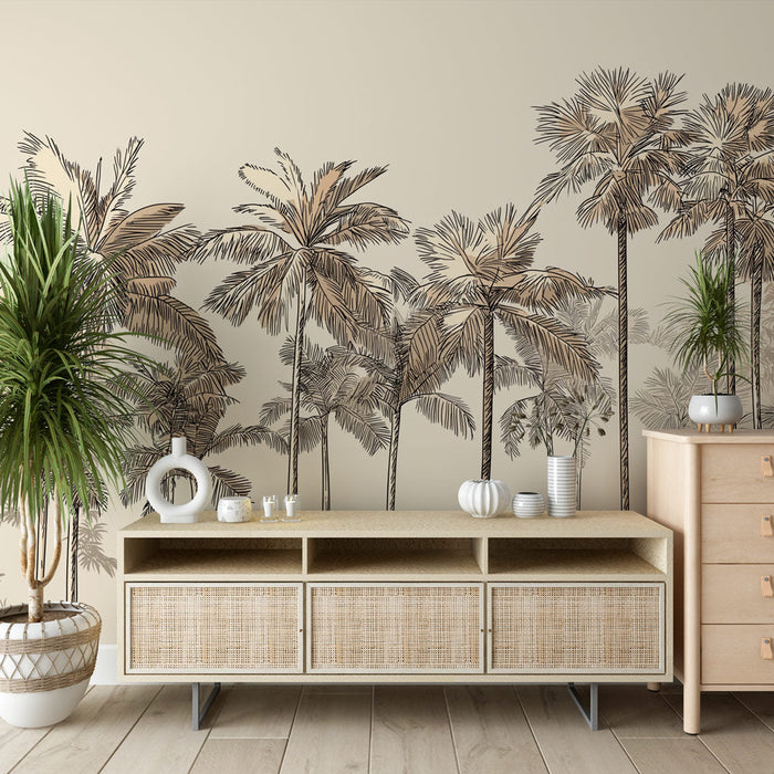 Papel pintado palmeras | Ilustraciones delicadas de palmeras en un fondo beige
