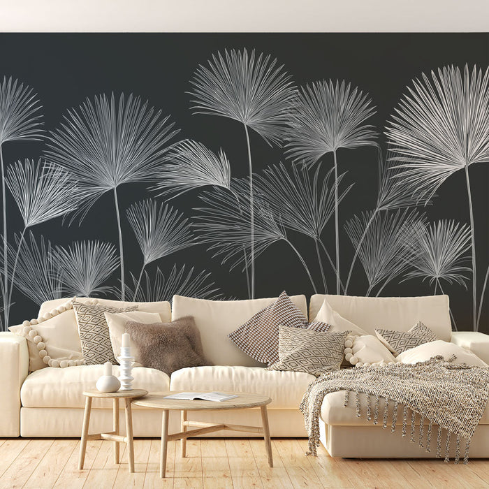 Tapeta z palmami | Delikatne białe wzory palm na ciemnym tle