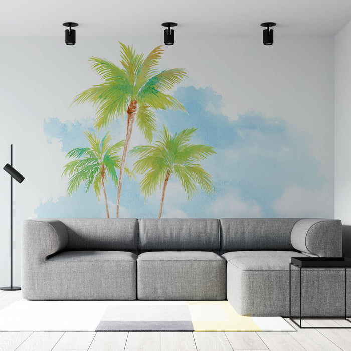 Papel pintado palmeras | Motivo acuarela de palmeras en un fondo de cielo azul