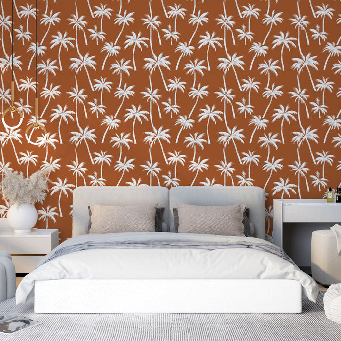 Tapetti palmupuut | Valkoinen palmukuvio tiilenvärisellä taustalla