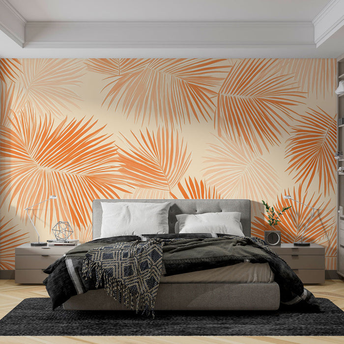 Tapetti palmupuut | Oranssi palmukuviointi beige taustalla