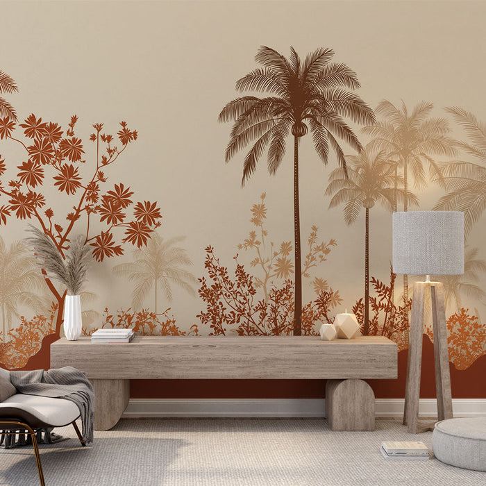 Fototapet palmträd | Elegant mönster av palmträd och blommor i jordtoner