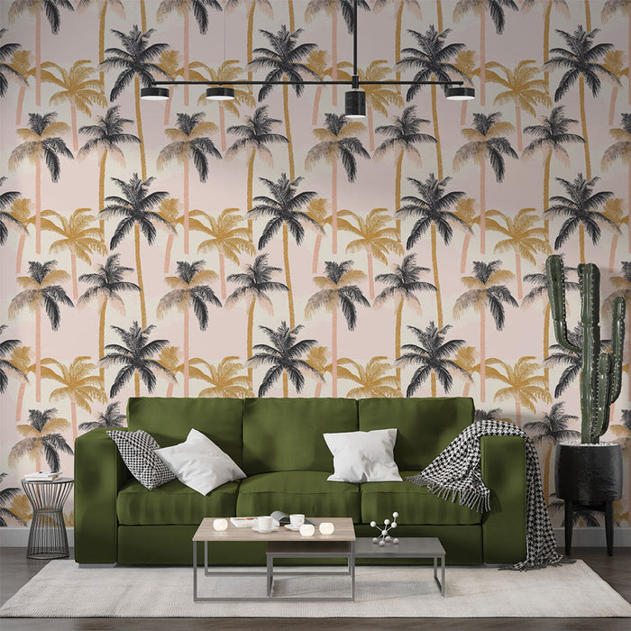 Fototapet palmträd | Tropiskt mönster med svarta, guld och rosa palmträd på en pastellbakgrund