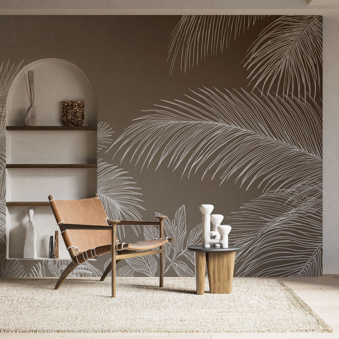 Fototapet palmer | Hvite palme motiv på en elegant brun bakgrunn