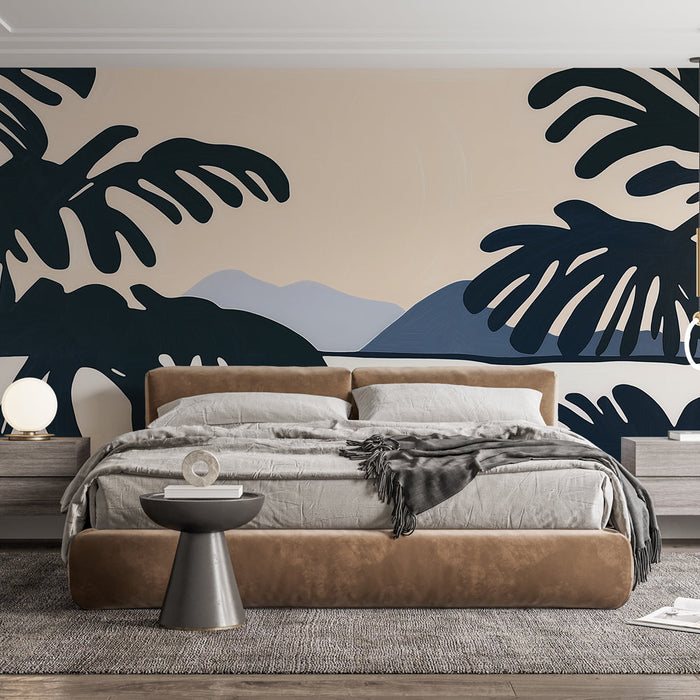 Mural Wallpaper black palms | Tropical silhouettes and soft background