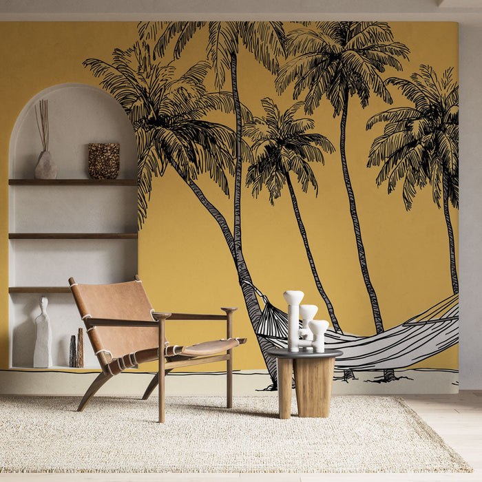 Tapetti palmupuut | Tyylitellyt palmupuut aurinkoisella keltaisella taustalla riippumatossa
