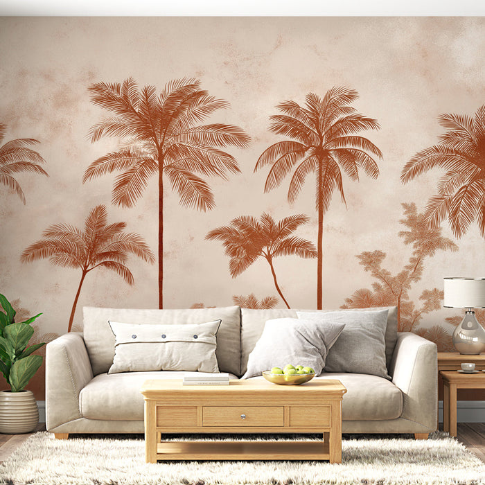 Mural Wallpaper palm trees | Palm tree silhouettes in earthy and soft tones.