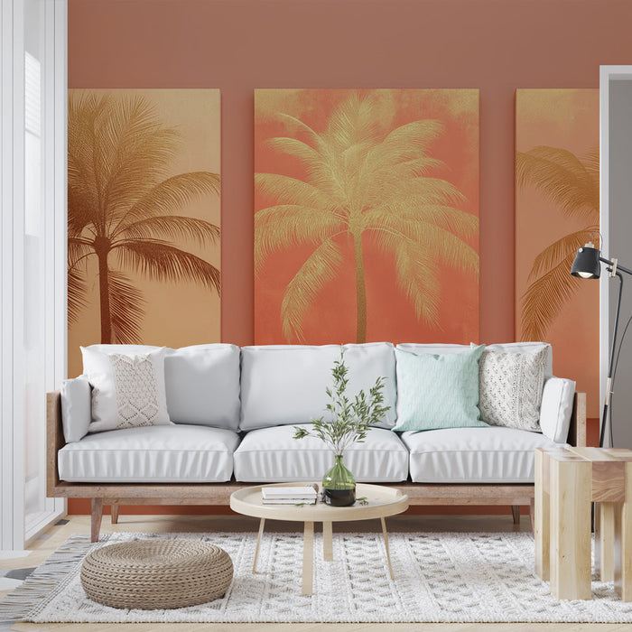 Mural Wallpaper palm trees | Trio of golden palm trees on a soft coral background