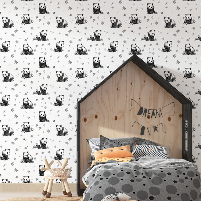 Papel pintado panda | Adorable motivo de pandas sobre un fondo blanco con copos de nieve