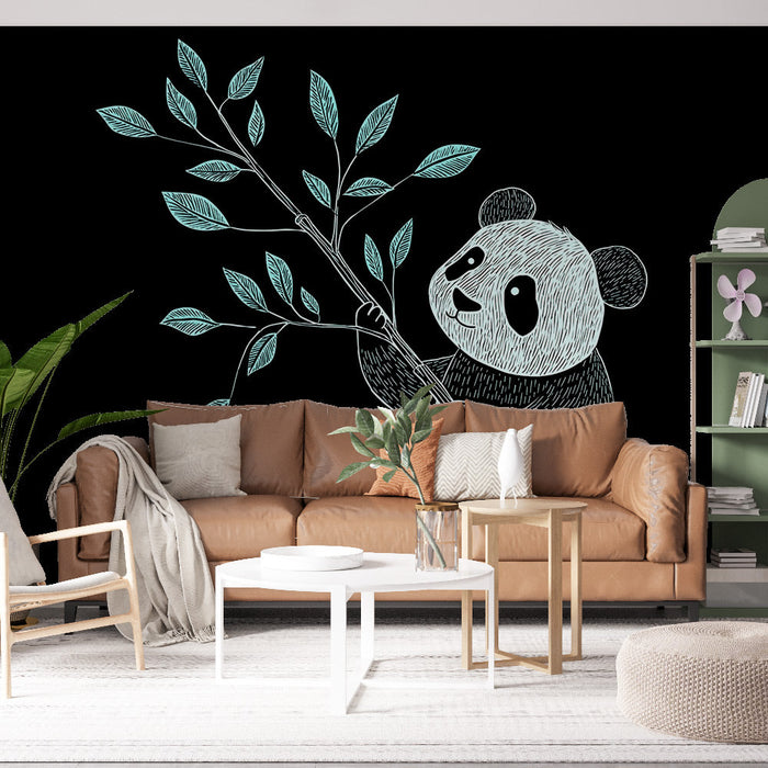 Mural Wallpaper panda | Adorable panda holding a branch in an illustrated style