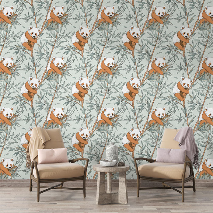 Papel pintado panda | Adorables pandas colgando de ramas de bambú