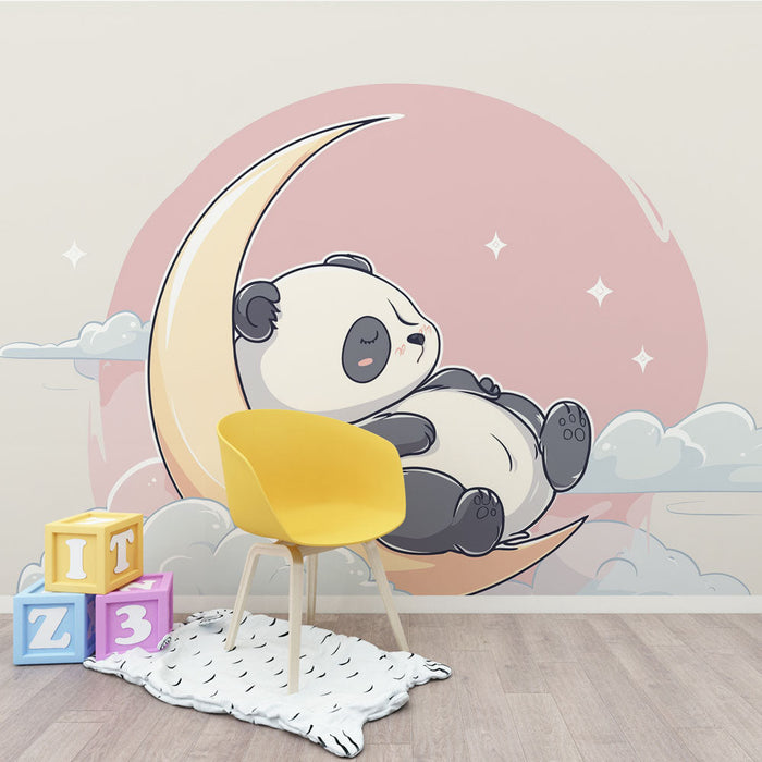 Mural Wallpaper sleepy panda | An adorable panda on a moon in the middle of the clouds