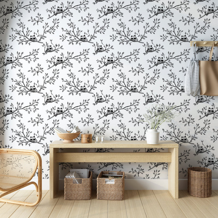 Papel pintado panda y ramas | Pandas jugando en delicadas ramas frondosas