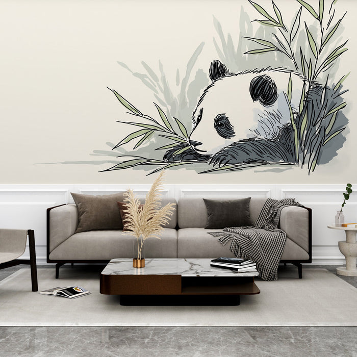 Mural Wallpaper panda | Delicate illustration of a panda resting among bamboo leaves