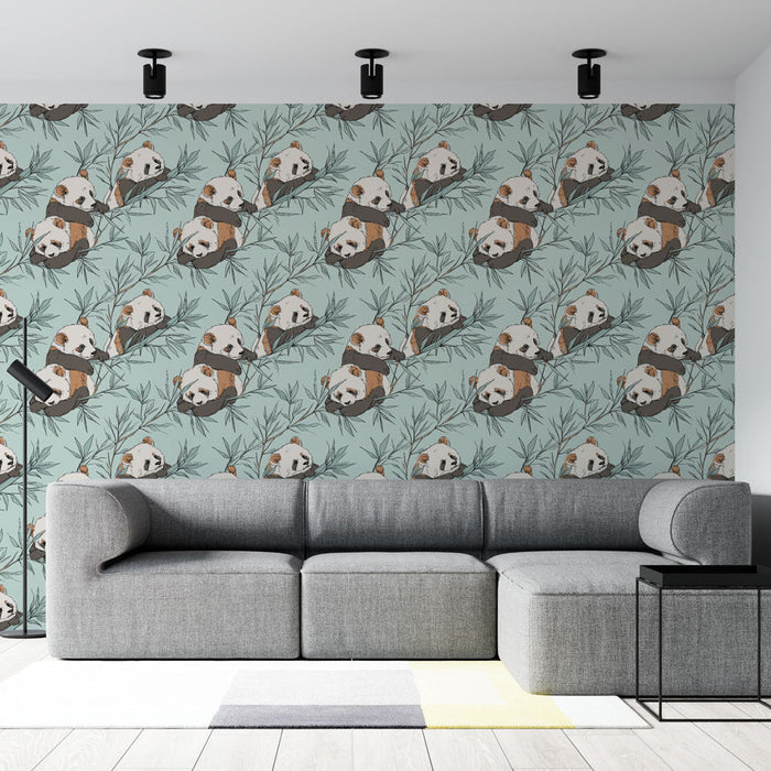 Mural Wallpaper panda | Adorable pandas intertwined with tropical foliage