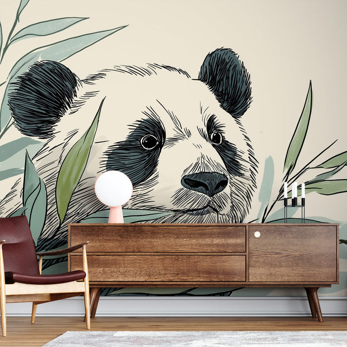 Mural Wallpaper panda | Cute panda emerging from foliage