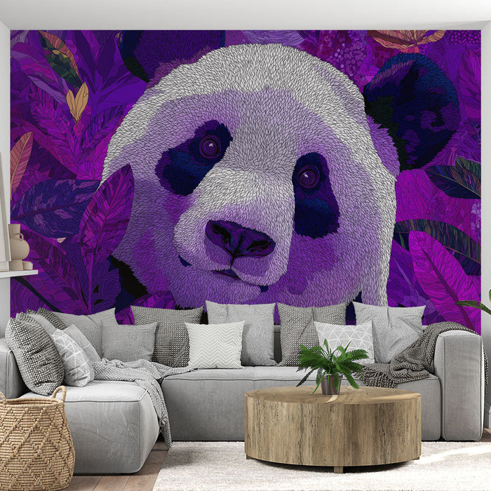 Mural Wallpaper panda | Stylized panda surrounded by colorful violet foliage