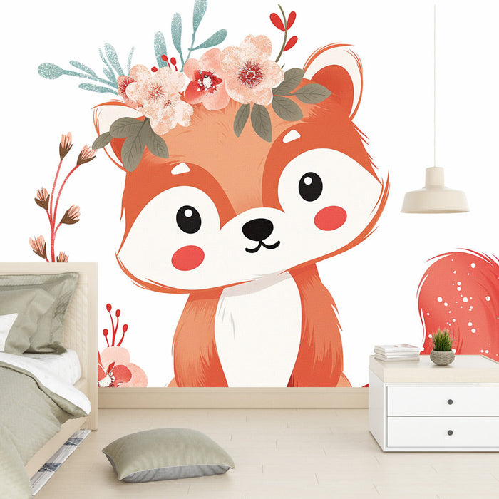 Mural Wallpaper red panda with flowers | Forest outing