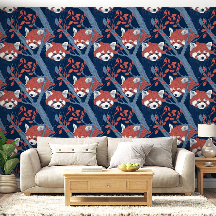 Tapet mural panda roșu | Model fermecător de panda roșu în copaci cu frunze roșii