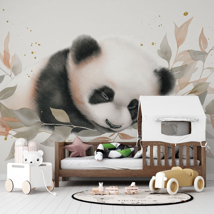 Papel pintado panda | Un panda durmiendo rodeado de delicada vegetación y toques dorados