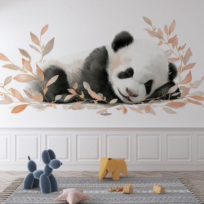 Foto Behang panda | Een slapende panda omringd door delicate bladeren
