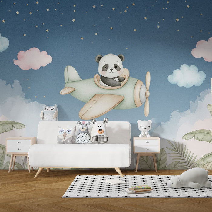 Fototapet flyvende panda | En søt panda i et fly under en stjernehimmel