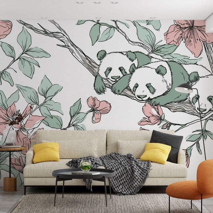 Tapete pandas | Три панди удобно седнали на цветна клонка