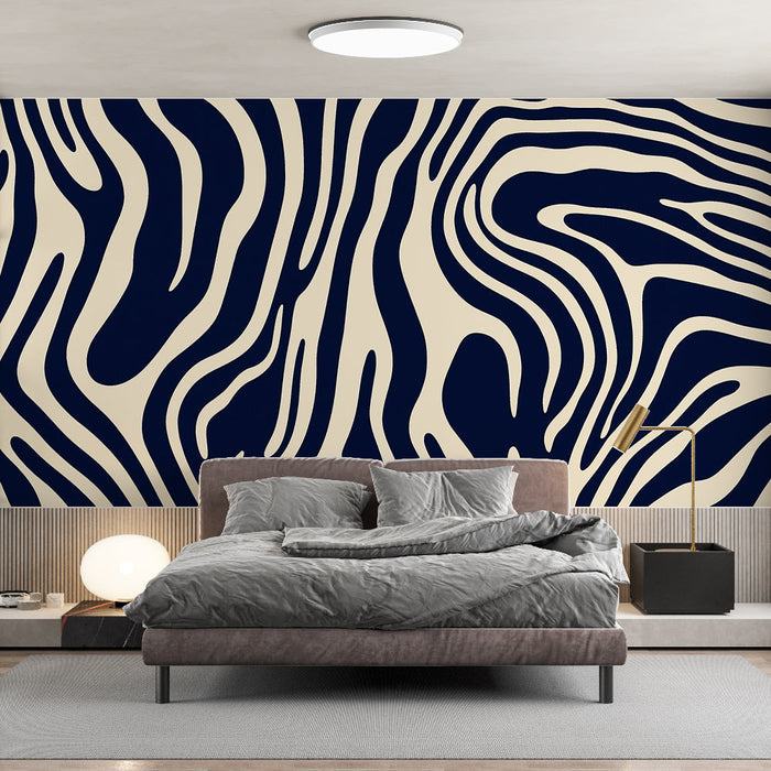 Abstrakt panoramisk mural tapet | Indigo blå och beige