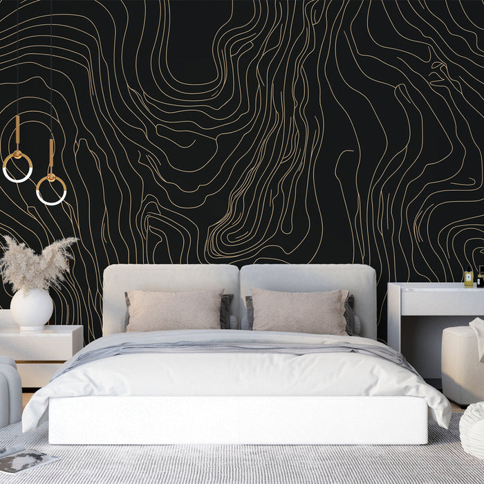 Abstract panoramic mural wallpaper | Golden prints on black