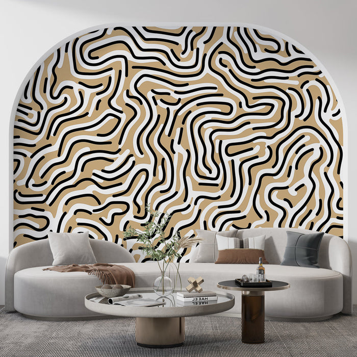 Abstract Panoramic Mural Wallpaper | Beige Black and White Labyrinth