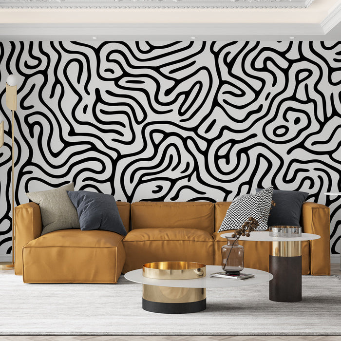 Abstract panoramic Mural Wallpaper | White and black labyrinth