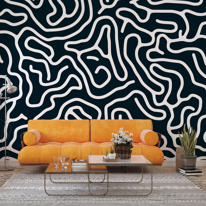 Ταπετσαρία τοιχογραφίας πανοραμική αφηρημένη | Μπλε πάπια και λευκός λαβύρινθος