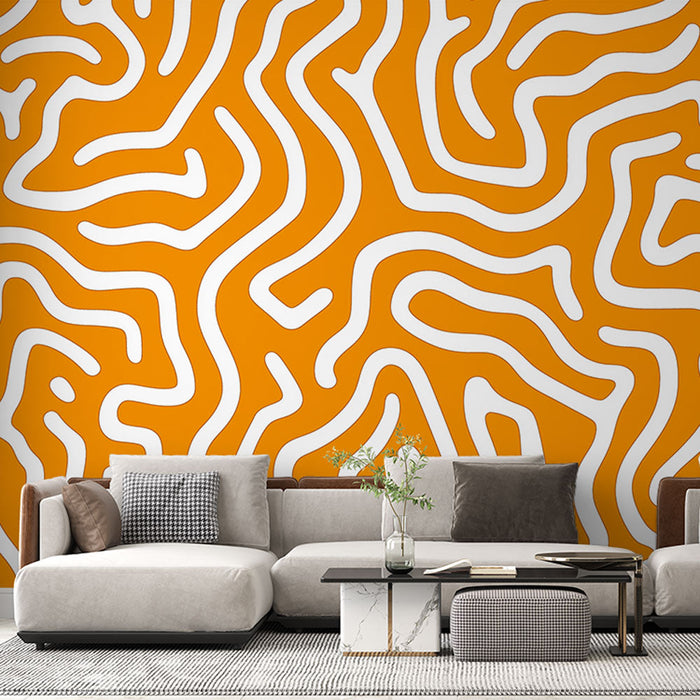 Papel de parede panorâmico abstrato | Labirinto amarelo, laranja e branco