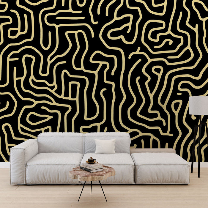 Abstract panoramic Mural Wallpaper | Black and gold labyrinth